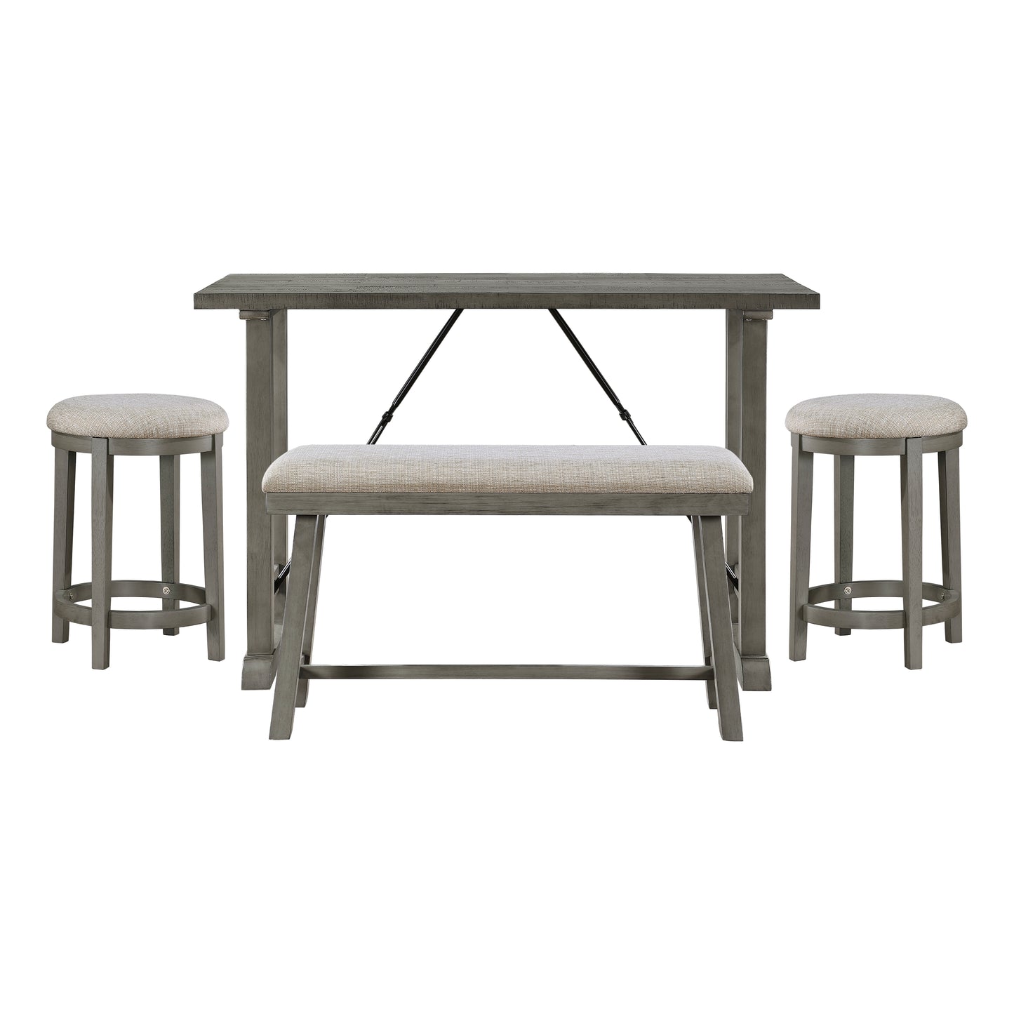 Gray wood counter height dining set with upholstered bench and two stools