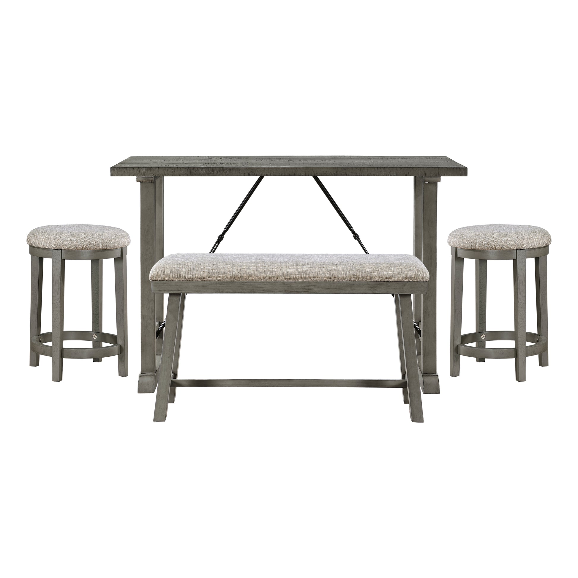 Gray wood counter height dining set with upholstered bench and two stools