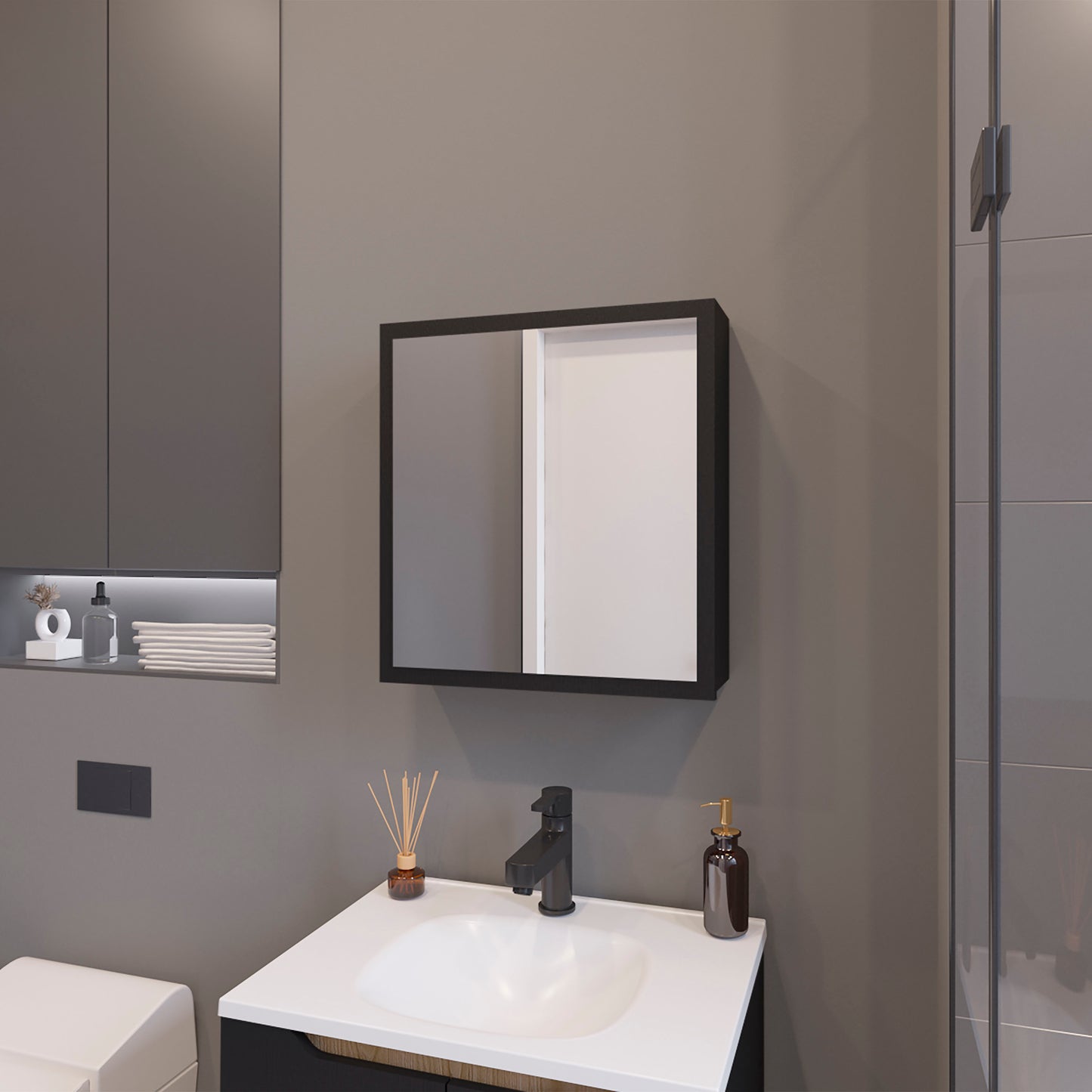 Modern black framed bathroom mirror with sleek finish and ample reflective surface