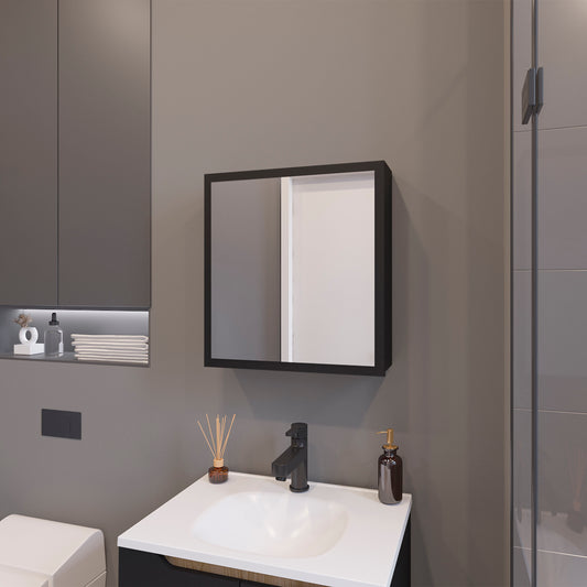 Modern black framed bathroom mirror with sleek finish and ample reflective surface