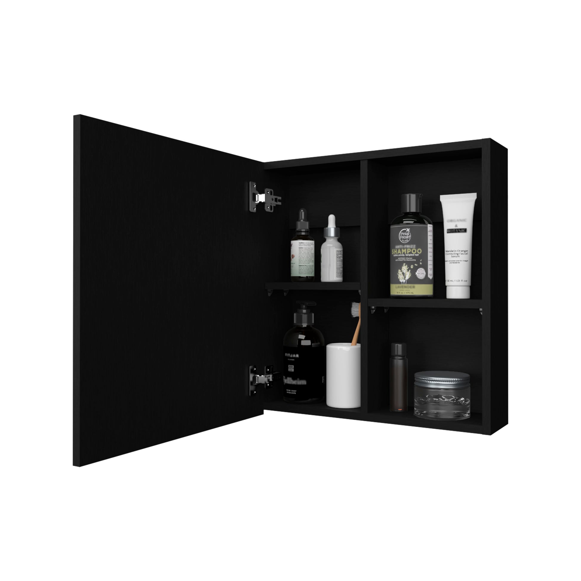 Black modern medicine cabinet with shelves holding toiletries like shampoo and serum