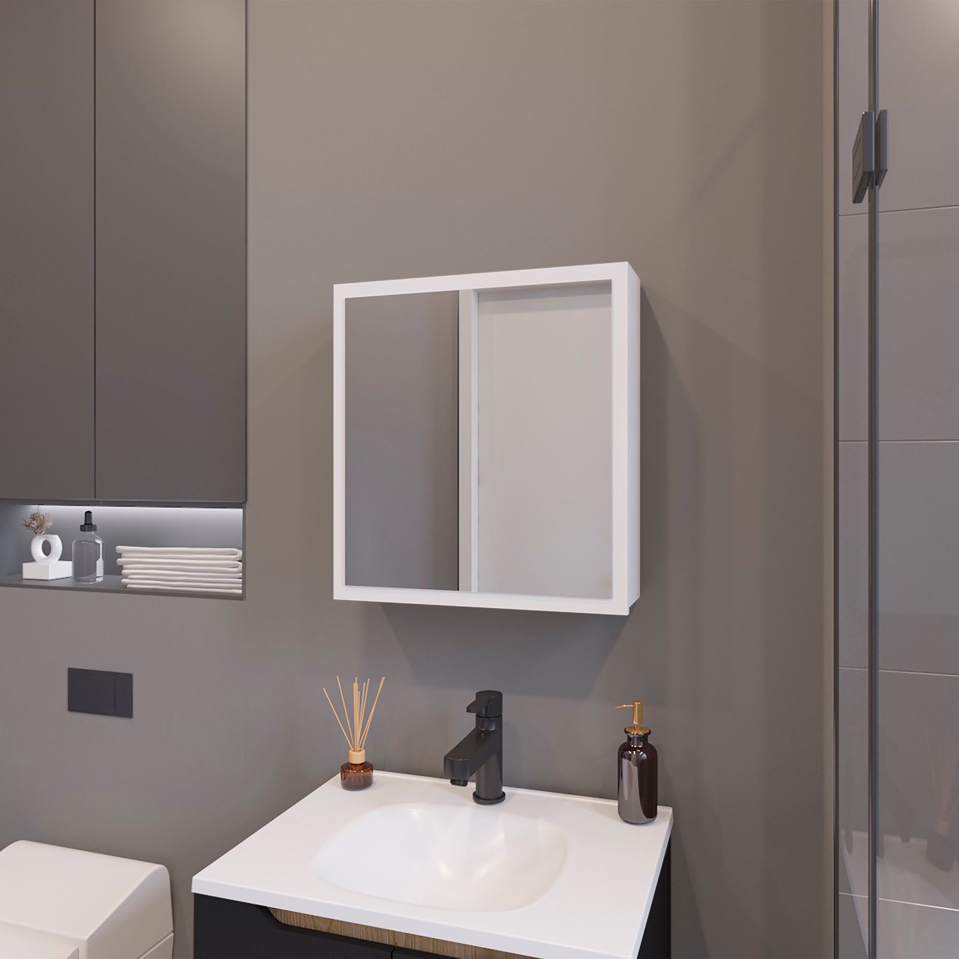 Modern white bathroom medicine cabinet with mirrored doors and clean lines