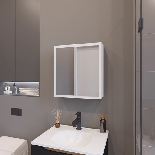 Modern white bathroom medicine cabinet with mirrored doors and clean lines