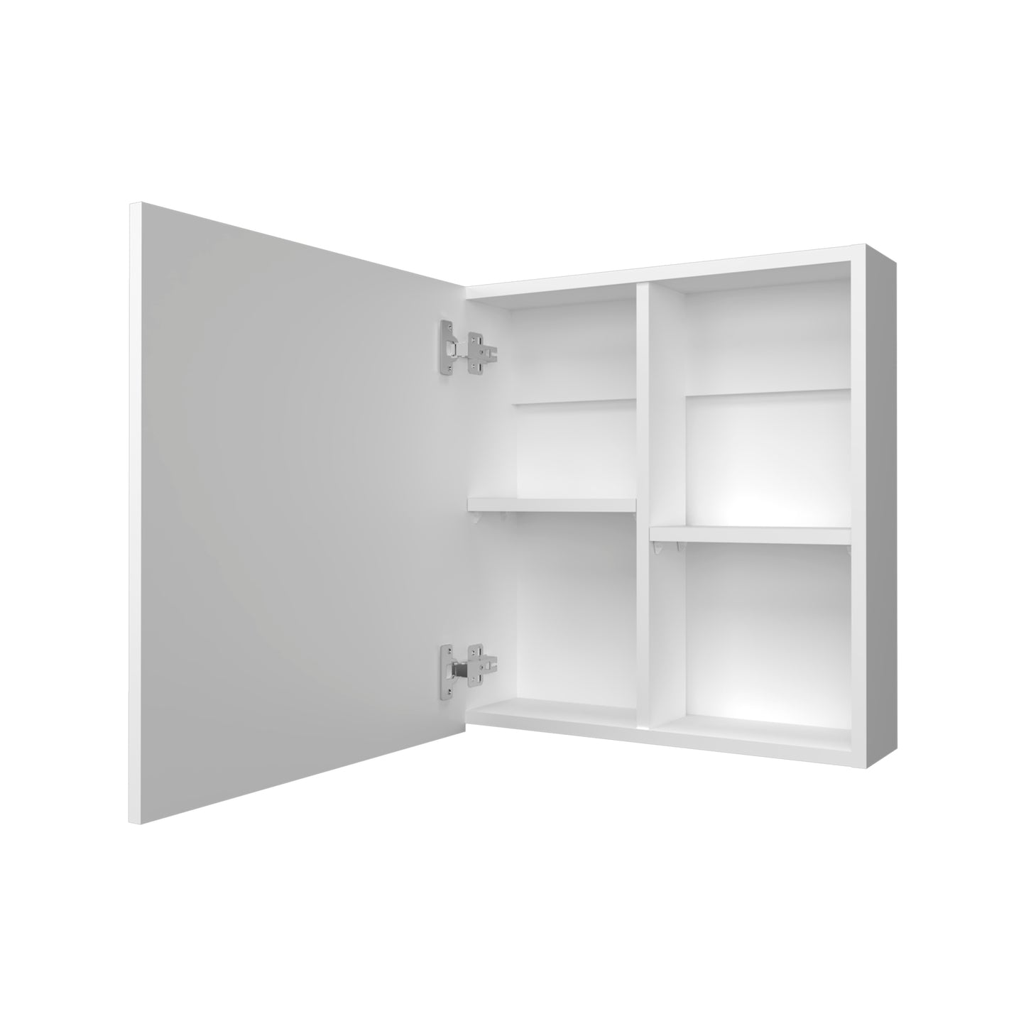 White mirrored medicine cabinet with two interior shelves and open door ideal for bathrooms