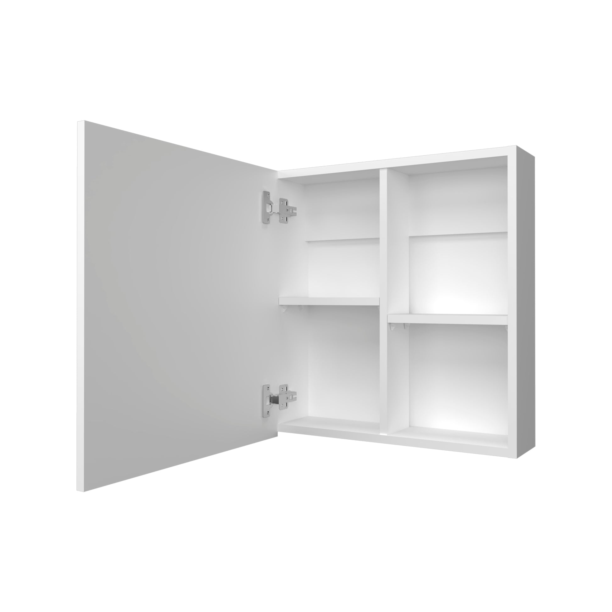 White mirrored medicine cabinet with two interior shelves and open door ideal for bathrooms