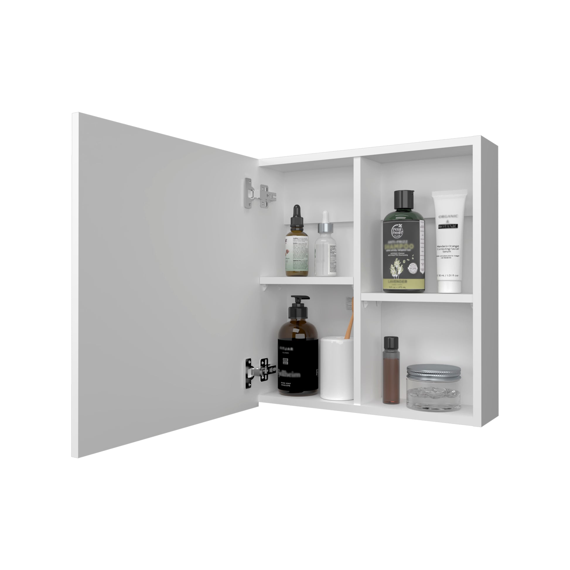 White modern bathroom cabinet with glass doors open displaying skincare products