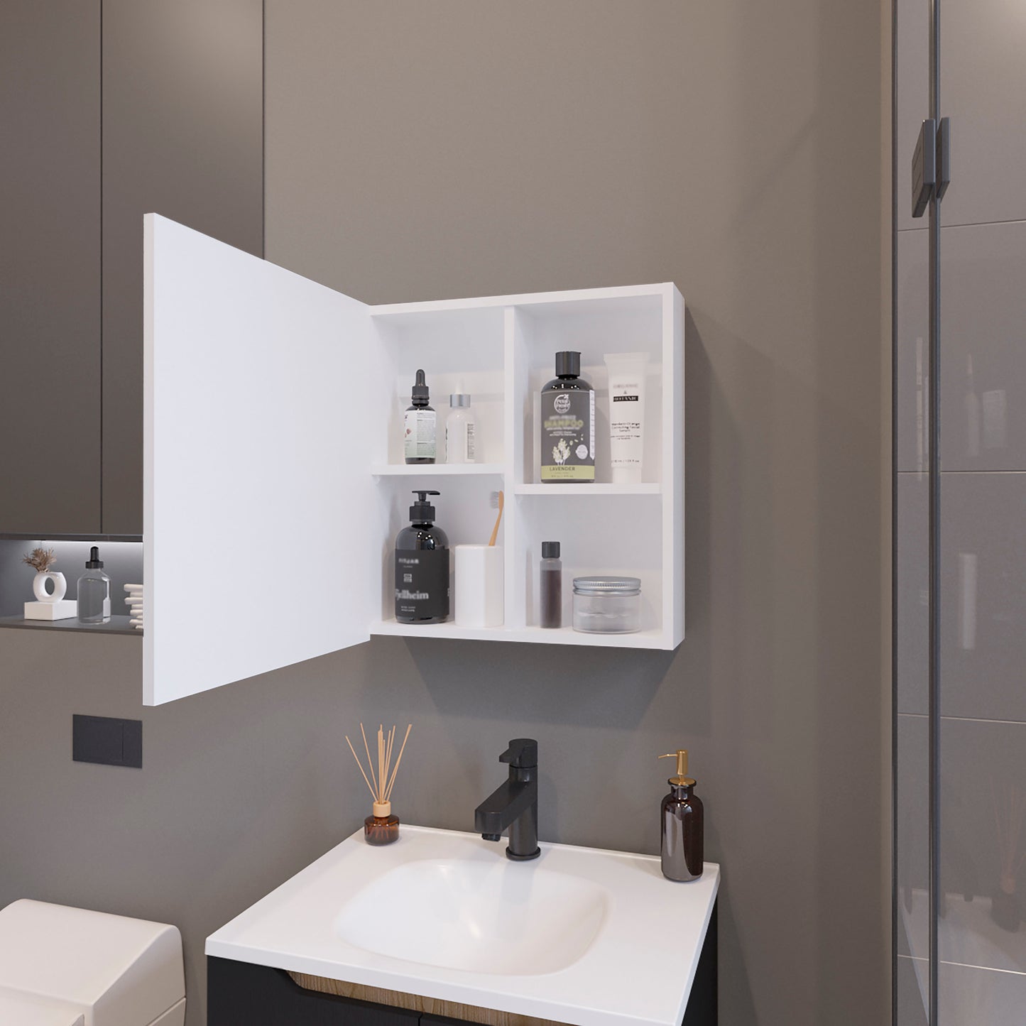 Modern white medicine cabinet with open door displaying skincare bottles and jars