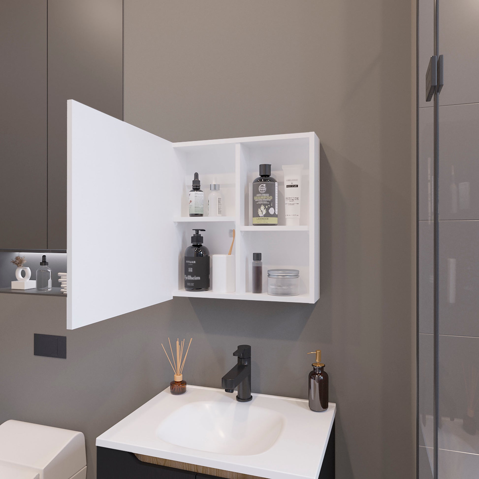 Modern white medicine cabinet with open door displaying skincare bottles and jars