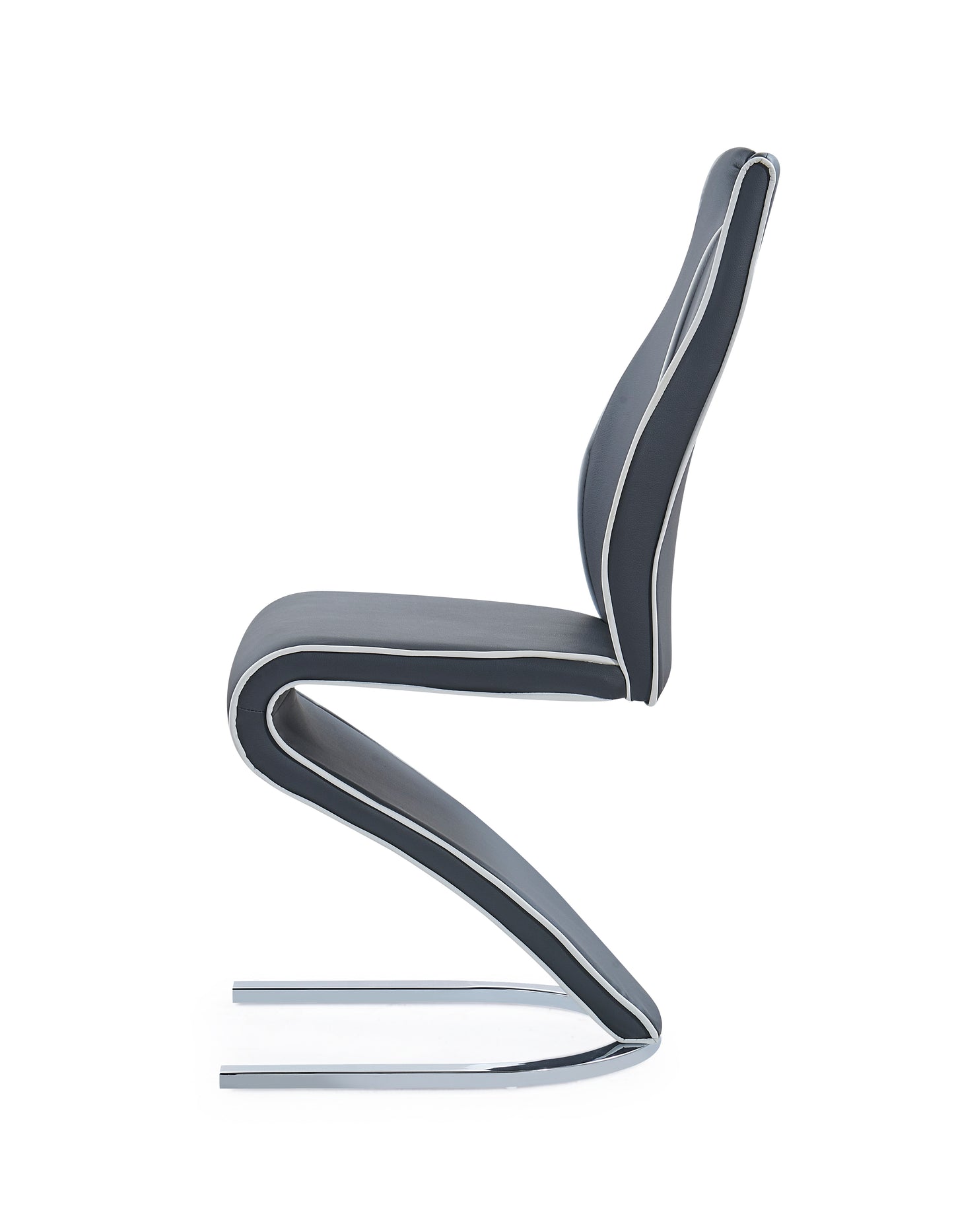 Dark gray faux leather dining chair with white piping and chrome legs