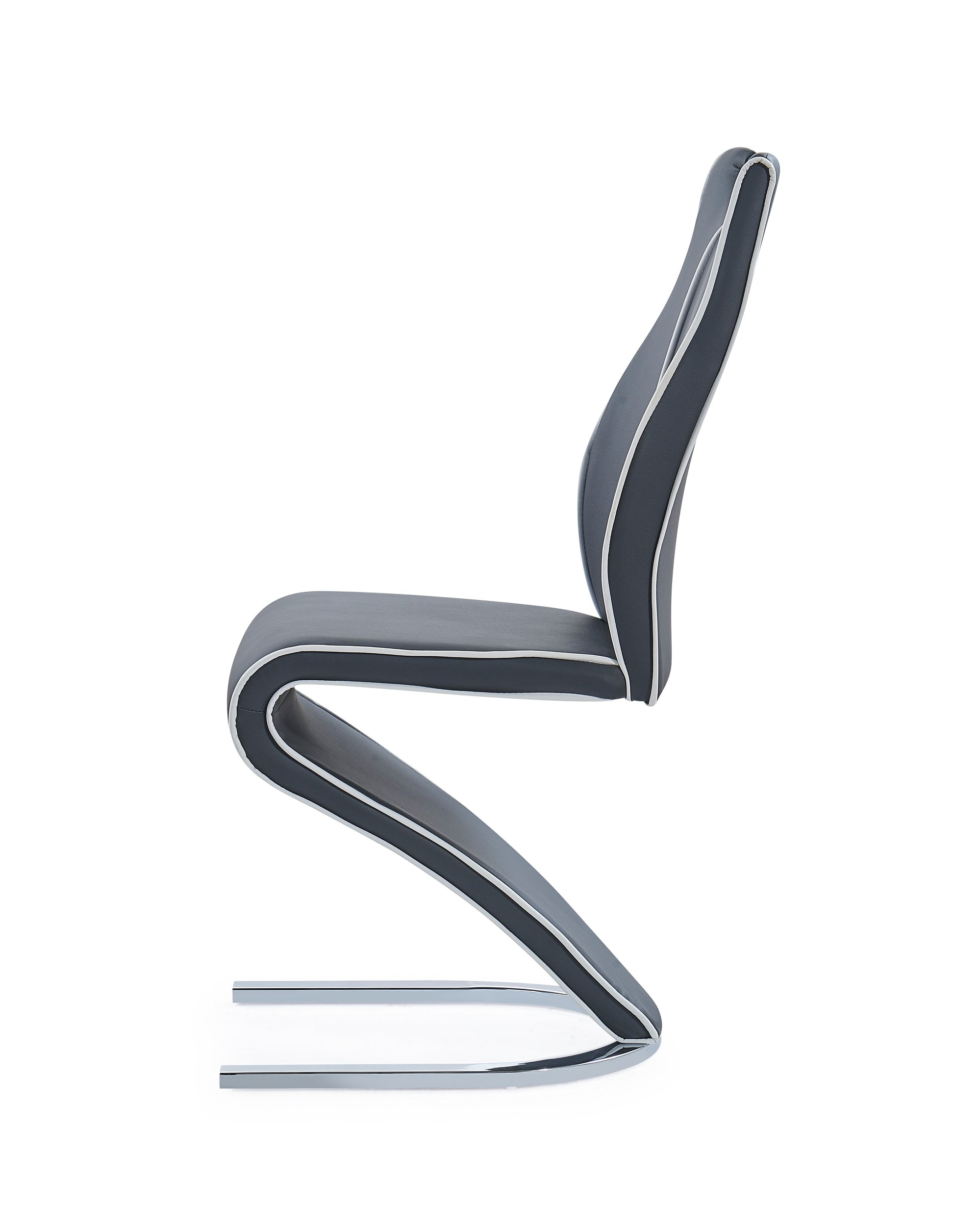 Dark gray faux leather dining chair with white piping and chrome legs