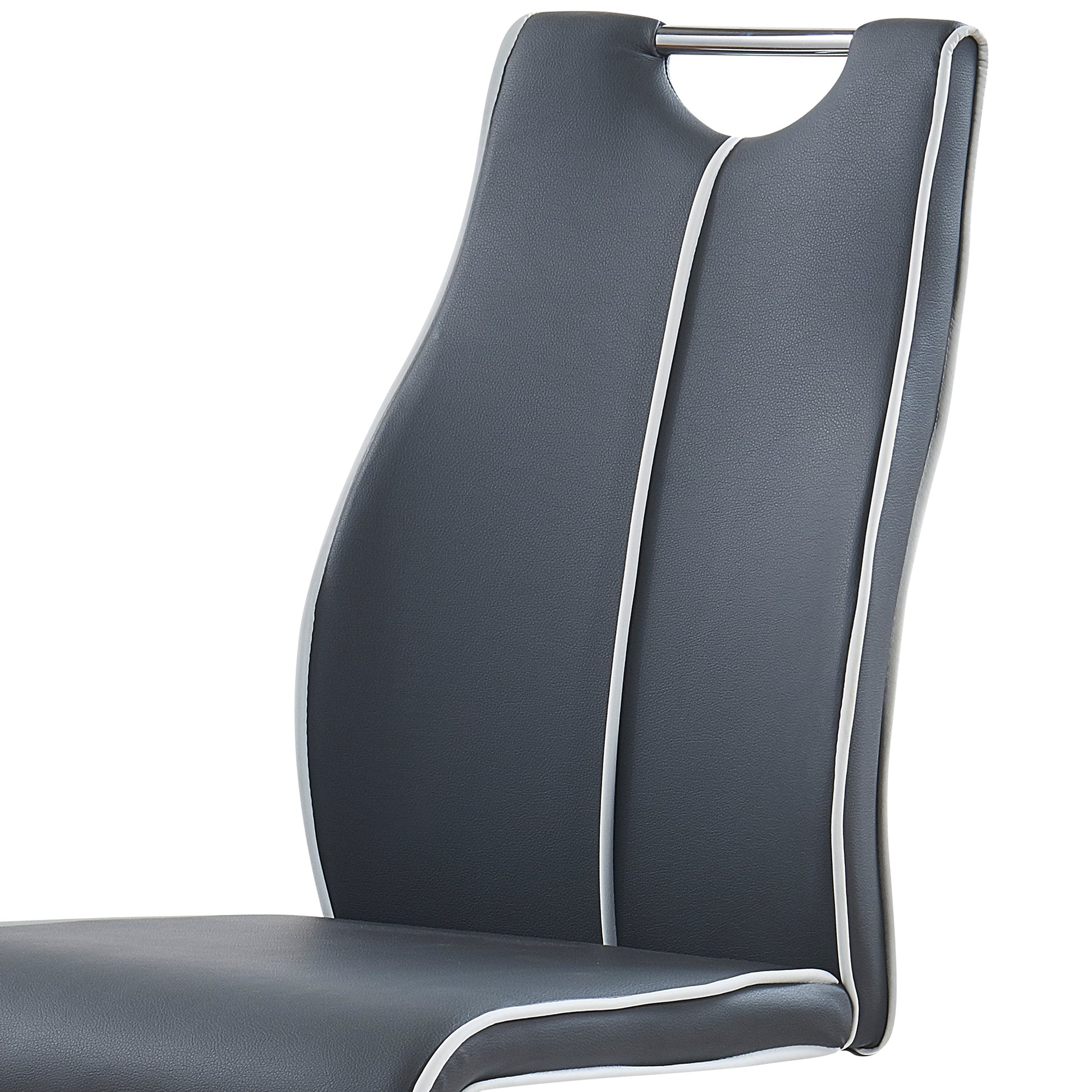 Dark grey faux leather dining chair with white piping and chrome accent