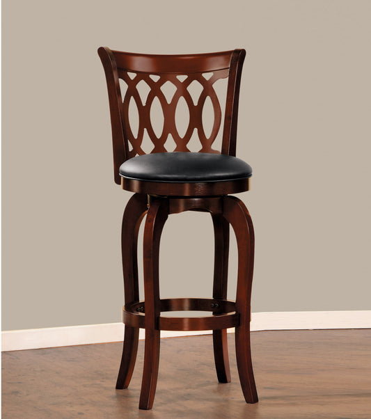 Mahogany wood swivel bar stool with black vinyl seat and ornate back