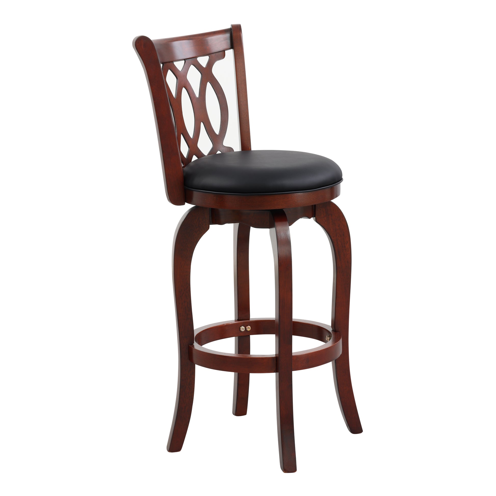 Dark cherry wood swivel bar stool with a black leather seat and decorative backrest