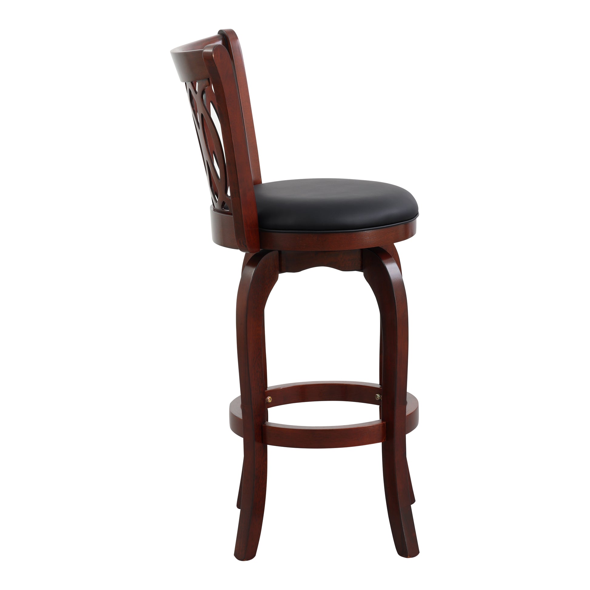 Dark cherry wood swivel bar stool with a black leather seat and ornate back detail