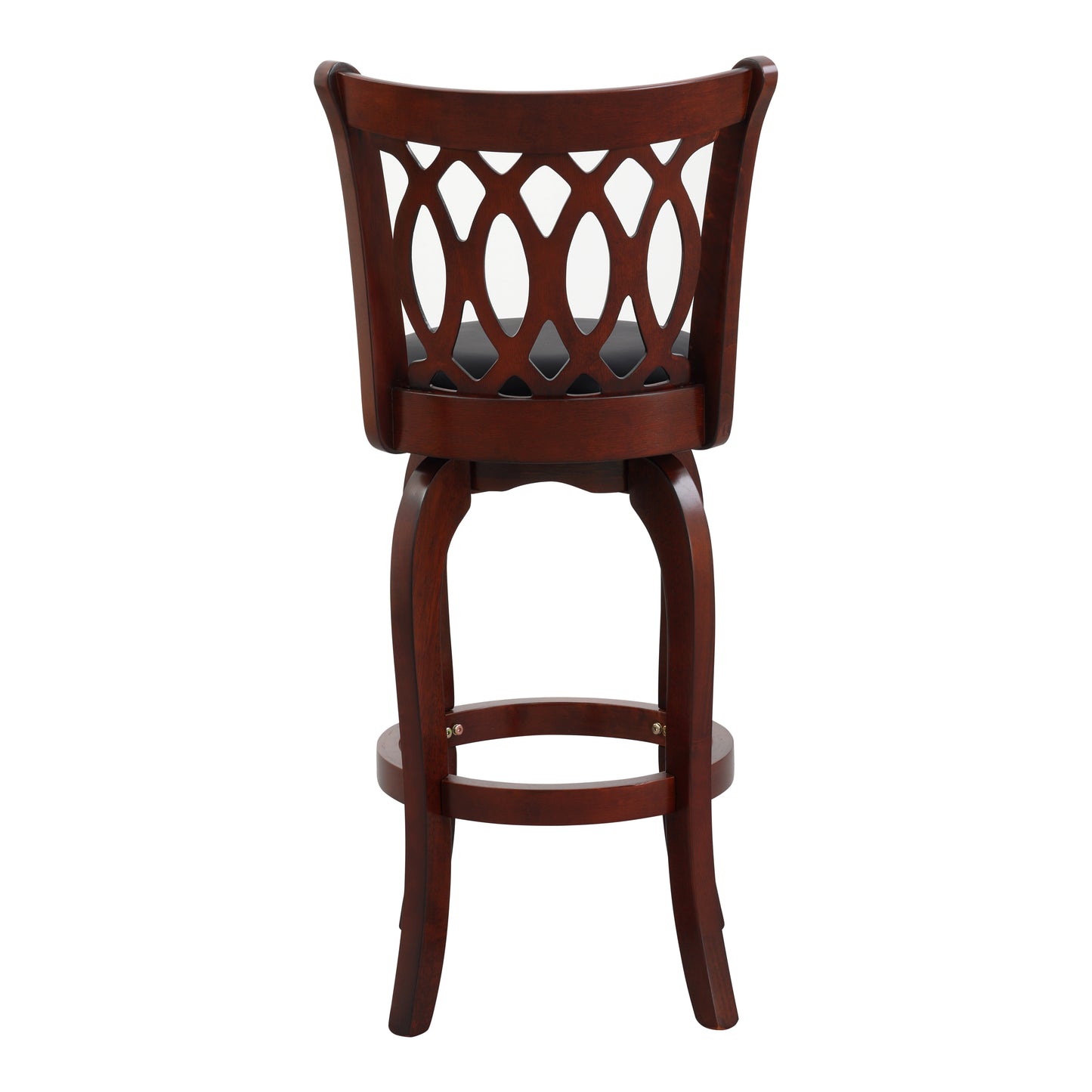Rich mahogany wood swivel bar stool with a diamondpatterned back and black seat
