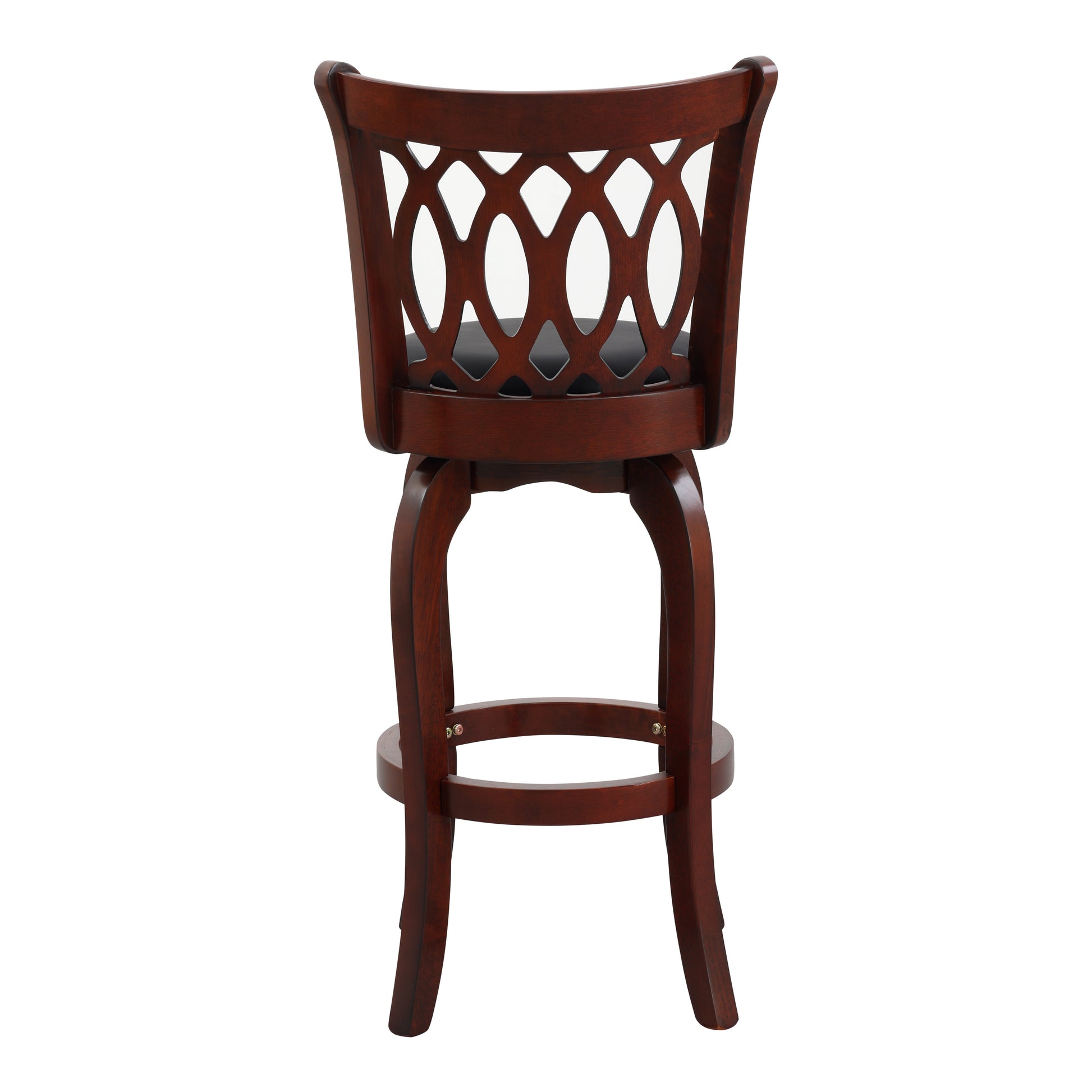 Rich mahogany wood swivel bar stool with a diamondpatterned back and black seat