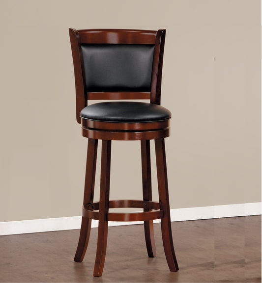 Brown wooden swivel bar stool with black upholstered seat and back
