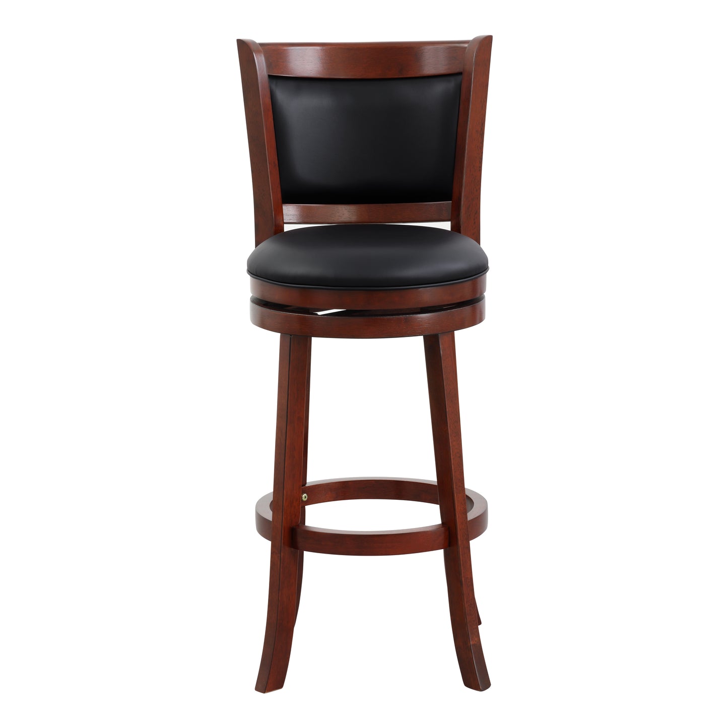 Wooden swivel bar stool with black upholstered seat and back