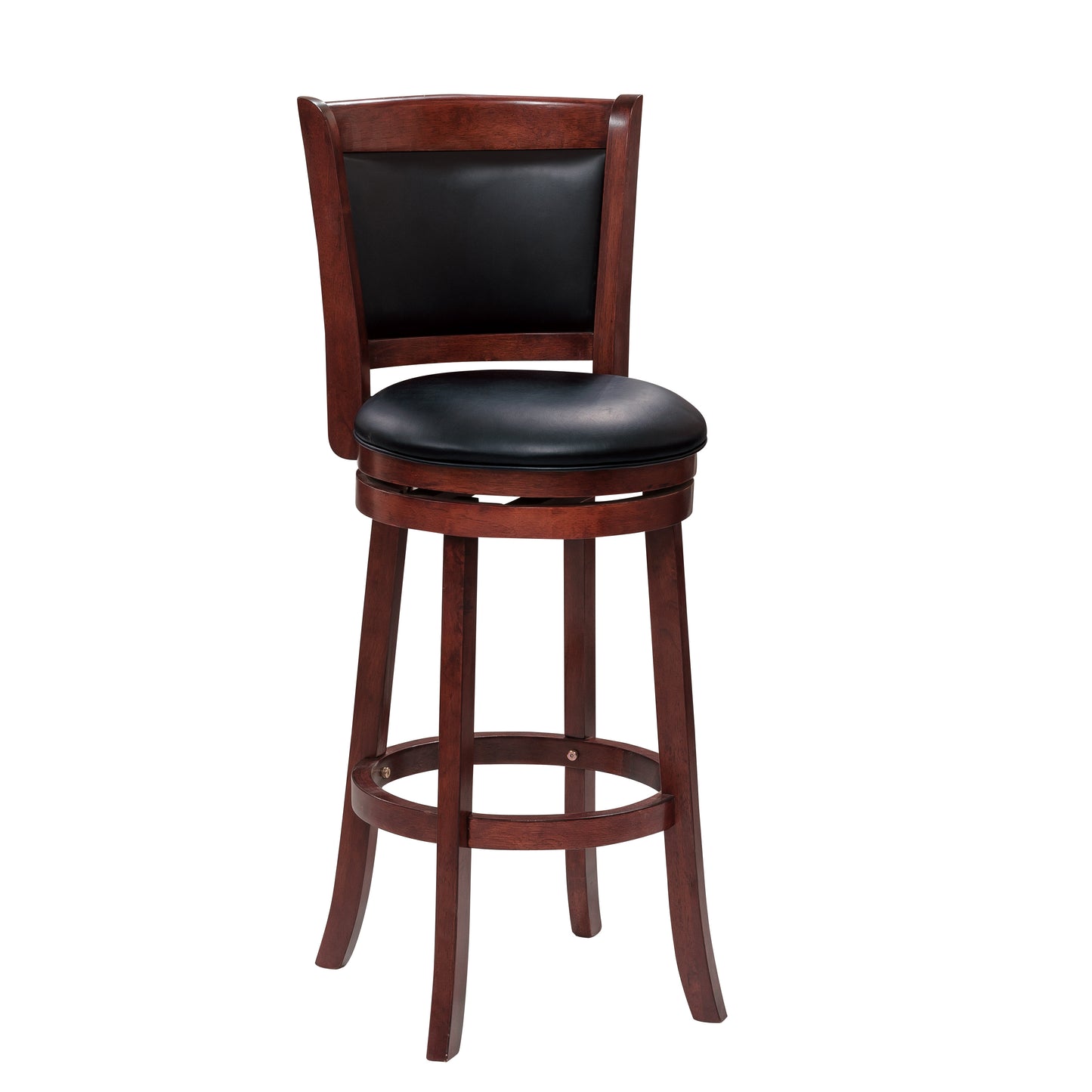 Dark cherry wood swivel bar stool with black faux leather seat and back