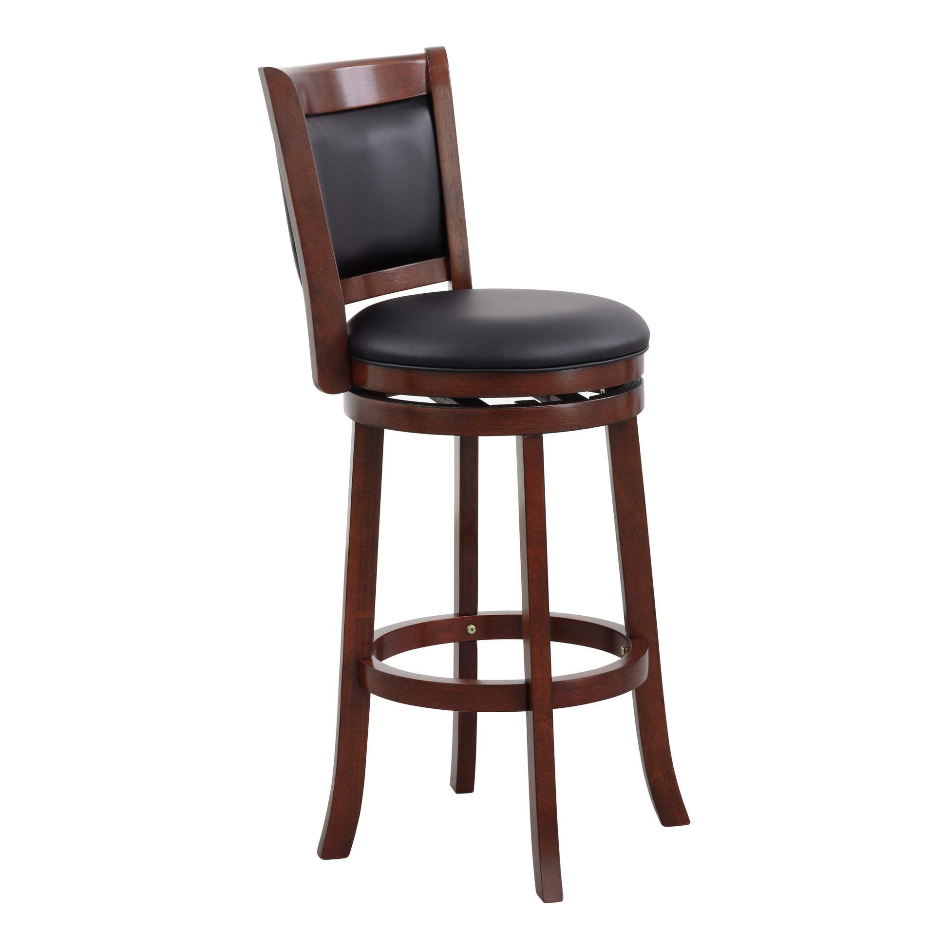 Wooden swivel bar stool with black vinyl seat and back inch height