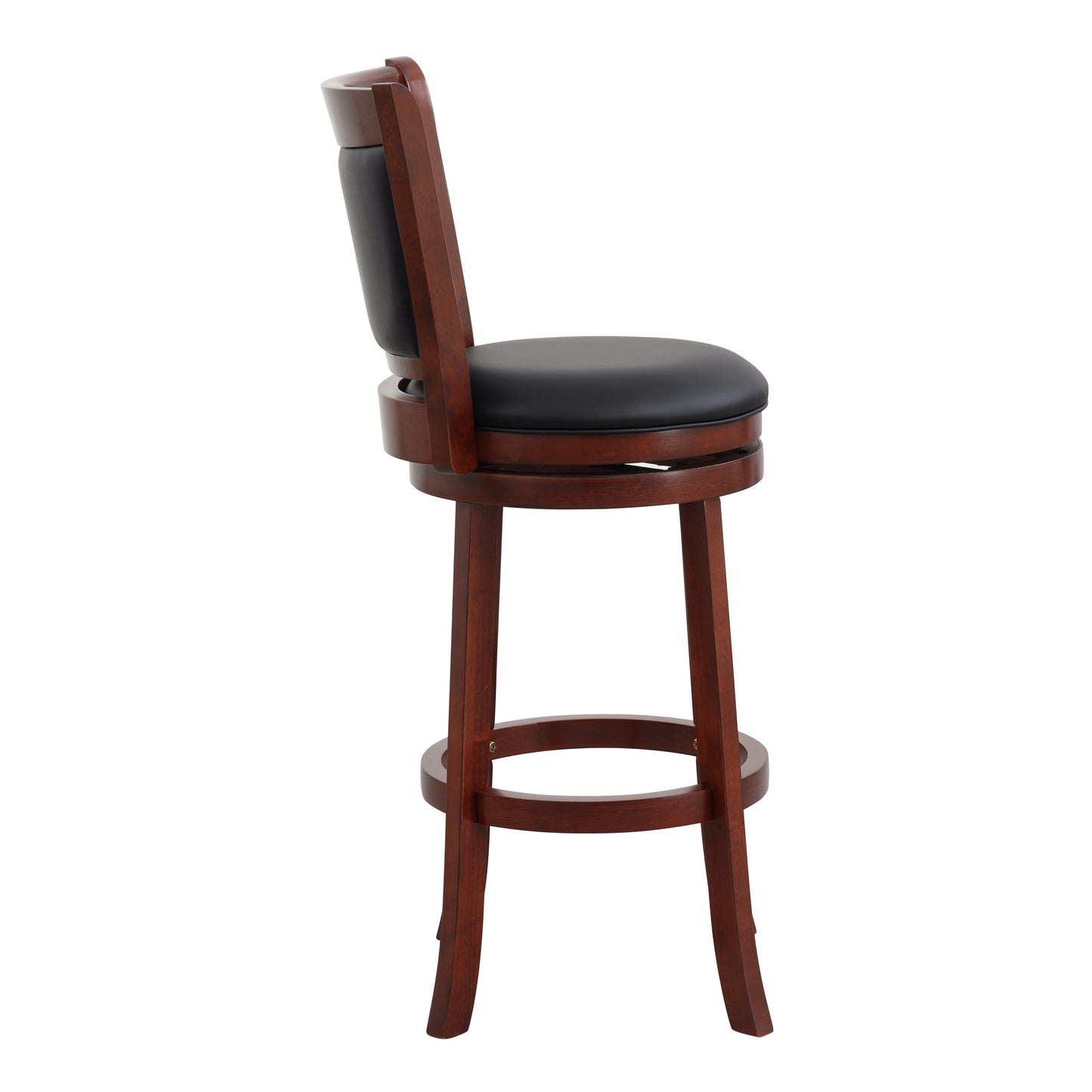 Rich mahogany swivel bar stool with a black upholstered seat and back