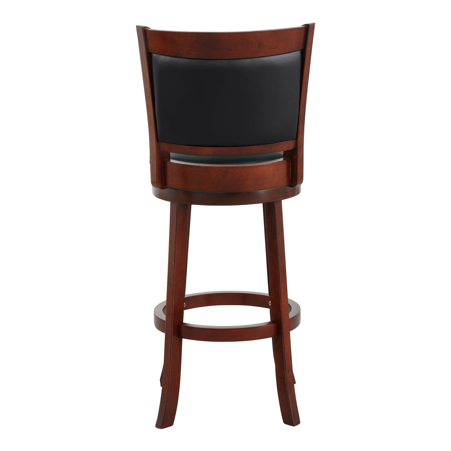 Dark cherry wood swivel bar stool with black faux leather seat and backrest