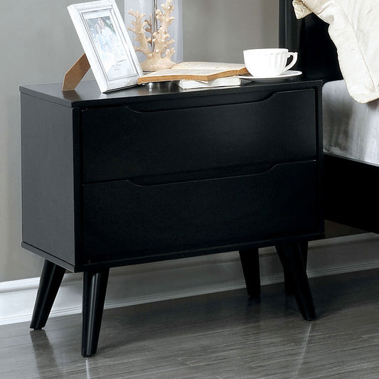 Sleek black twodrawer nightstand with tapered legs and integrated drawer pulls for bedroom storage