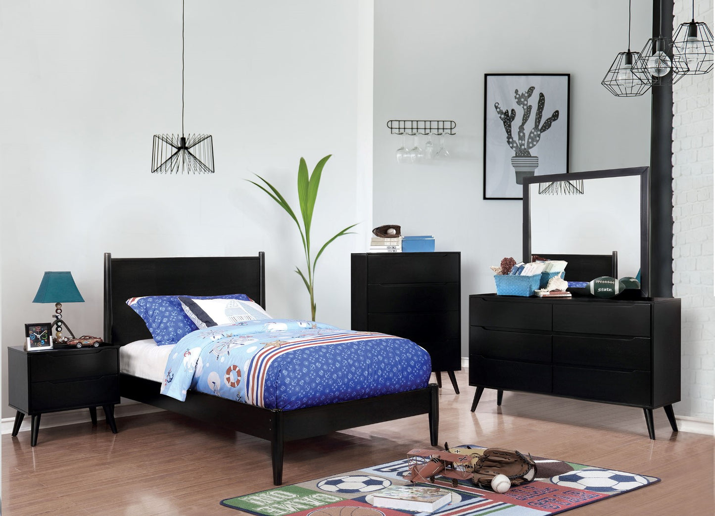 Black modern platform bed with nauticalthemed bedding for a childs room