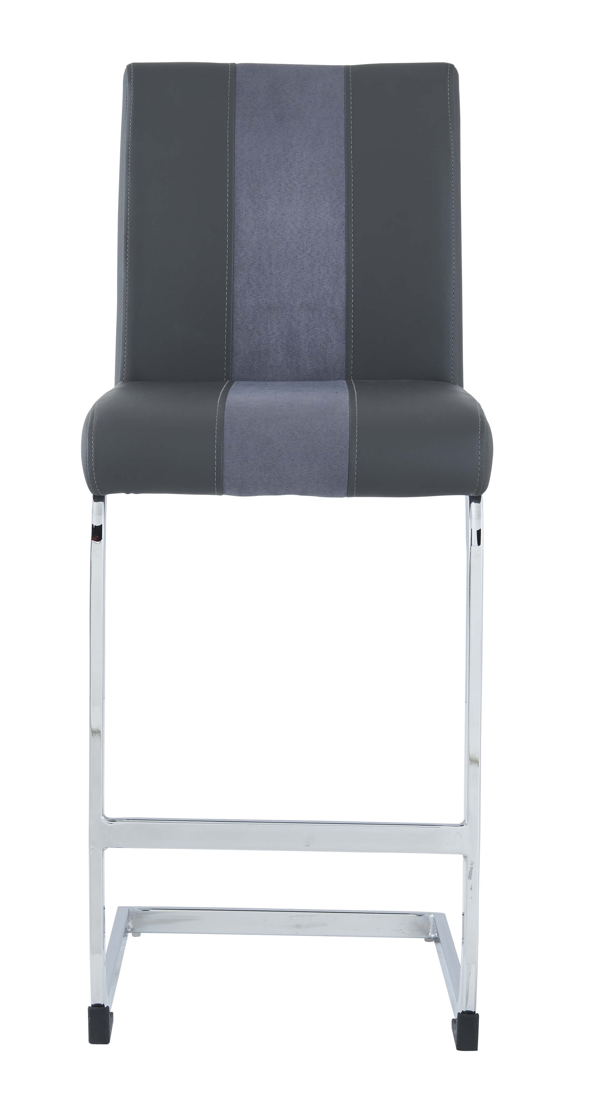 Grey upholstered counter stool with silver chrome legs and black feet