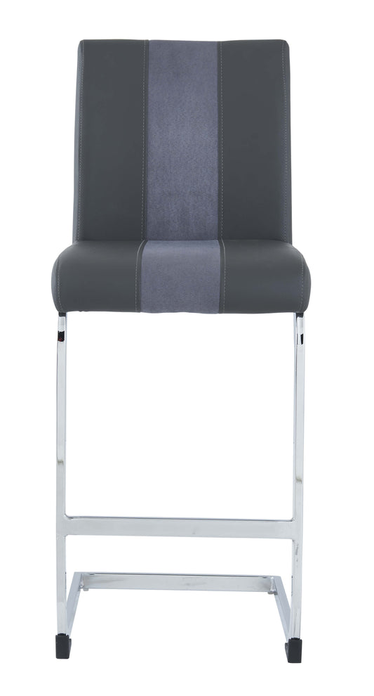 Grey upholstered counter stool with silver chrome legs and black feet