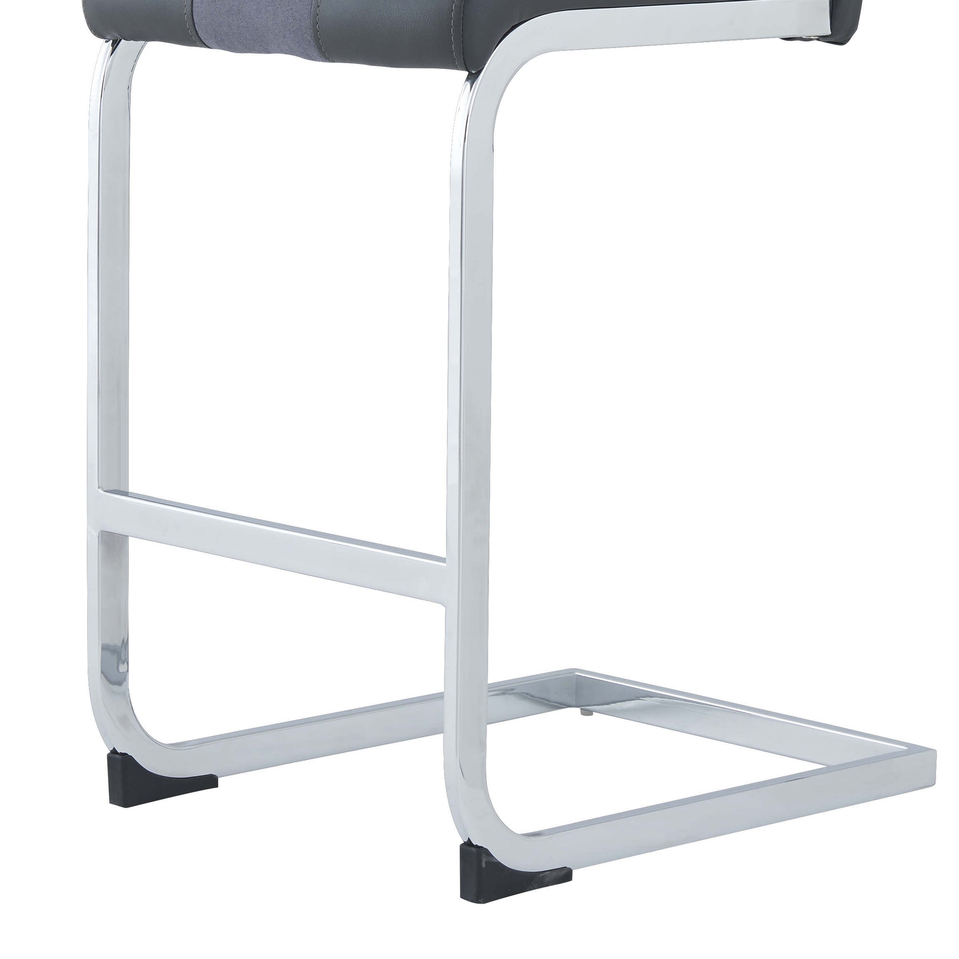 Modern counter stool with gray leather and fabric upholstery on a chrome cantilever base