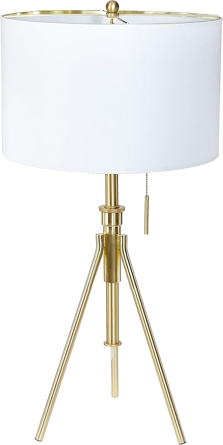 Modern brass tripod table lamp with white drum shade and pull chain