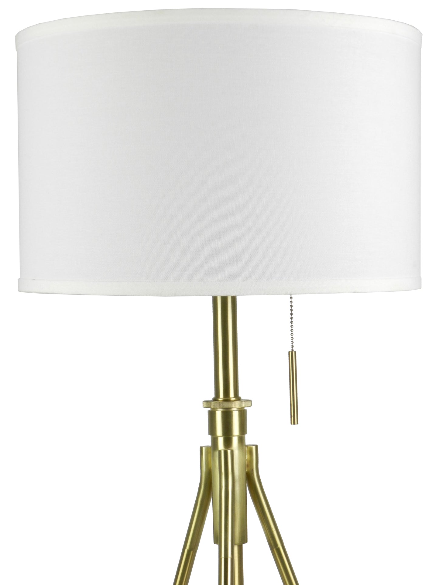 Modern brass floor lamp with white drum shade and pull chain