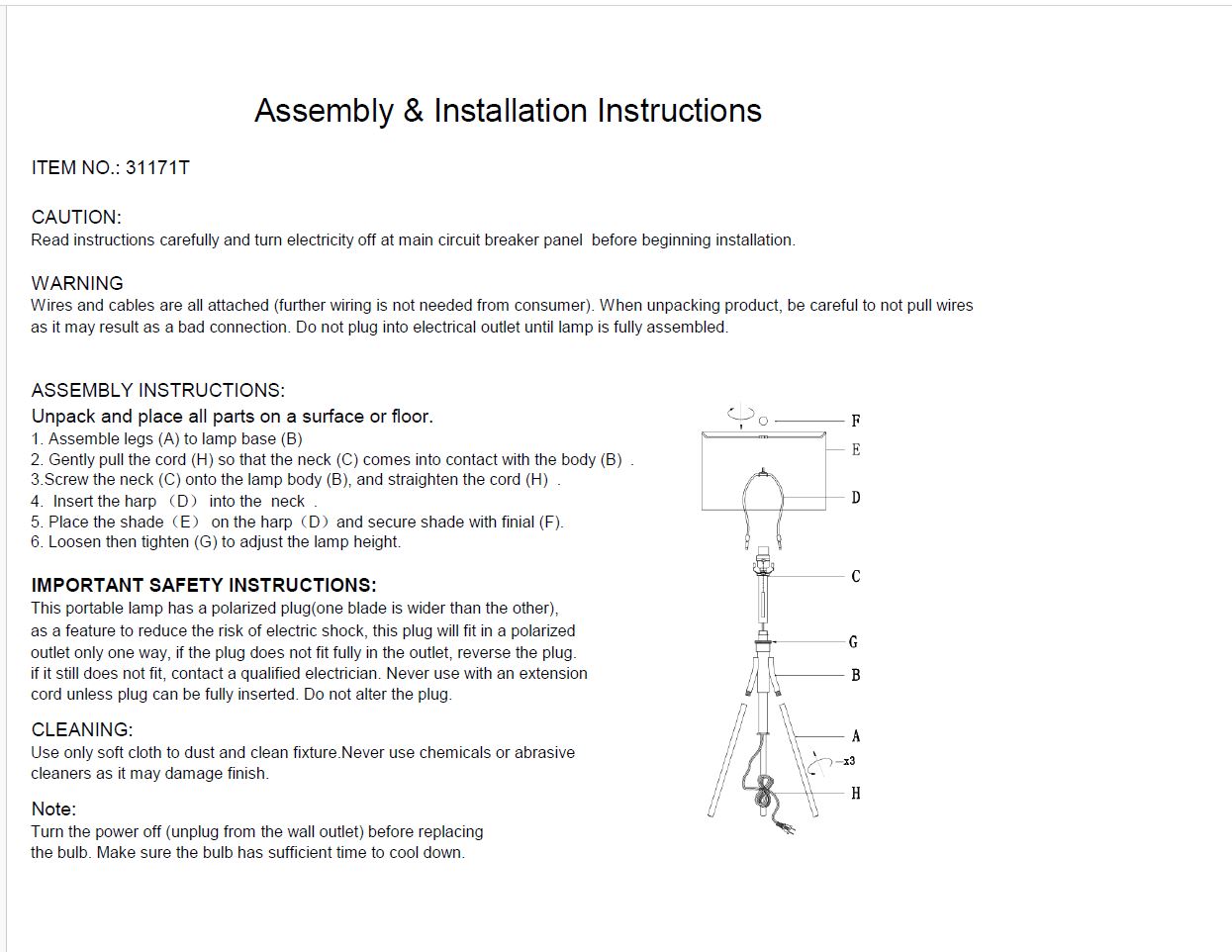 Diagram of portable lamp assembly with labeled parts AH for installation