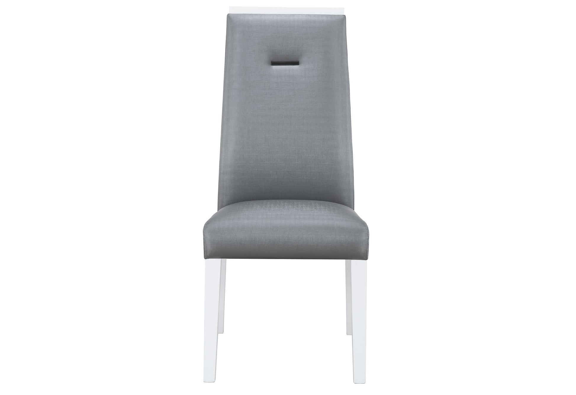 Modern grey fabric dining chair with white wooden legs and button detail
