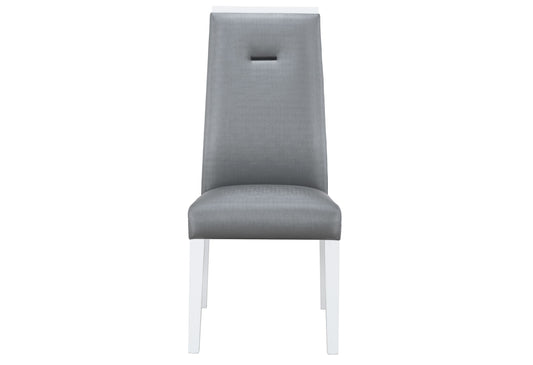 Modern grey fabric dining chair with white wooden legs and button detail