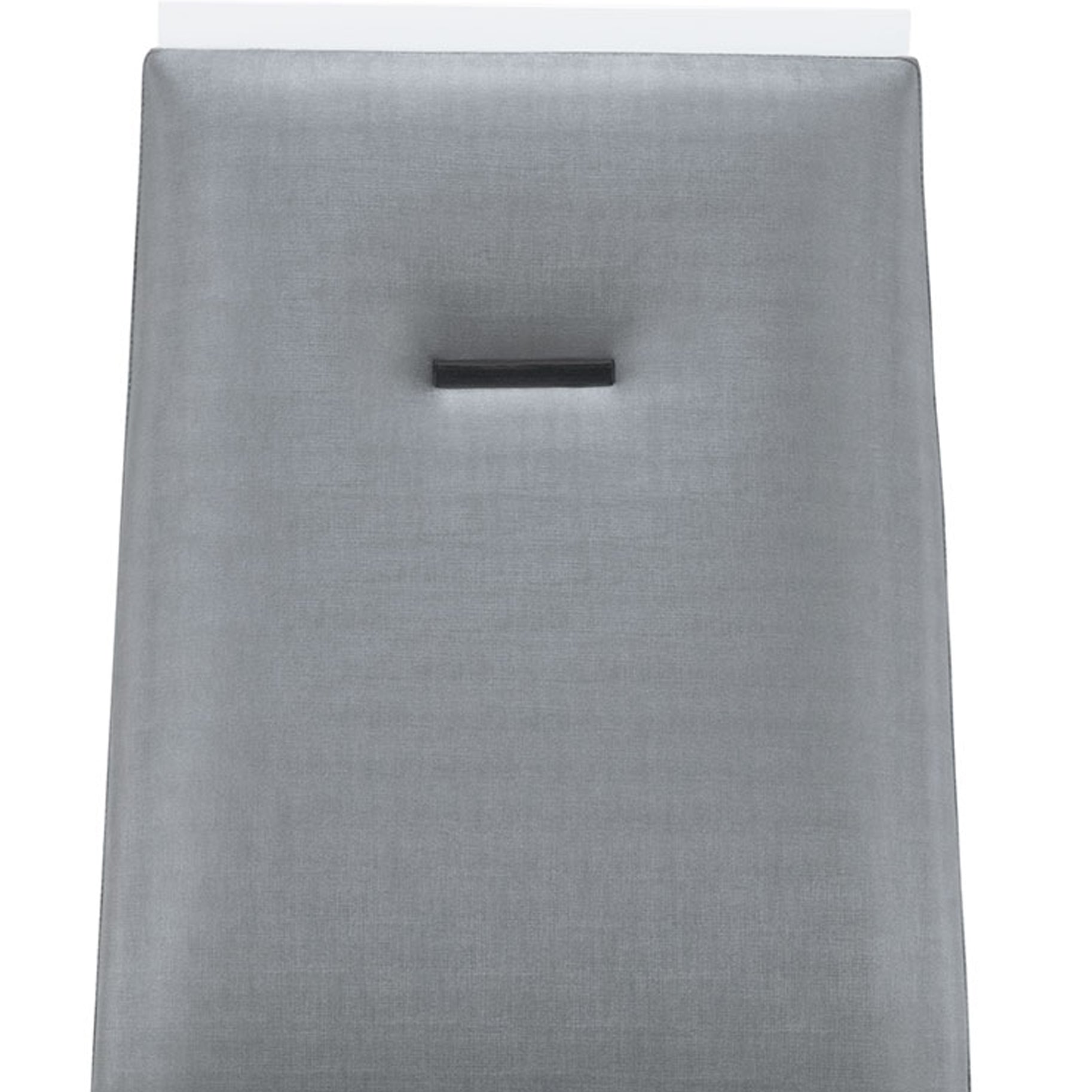 Tufted grey upholstered bar stool with white wood trim