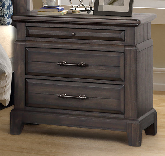 Dark wood nightstand with three drawers and brushed nickel hardware