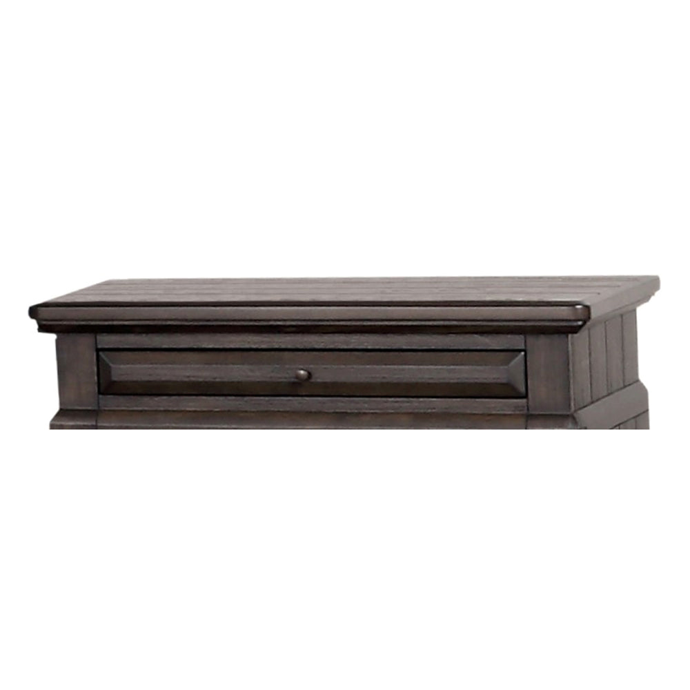 Dark wood entryway table with a single drawer and antique brass pull