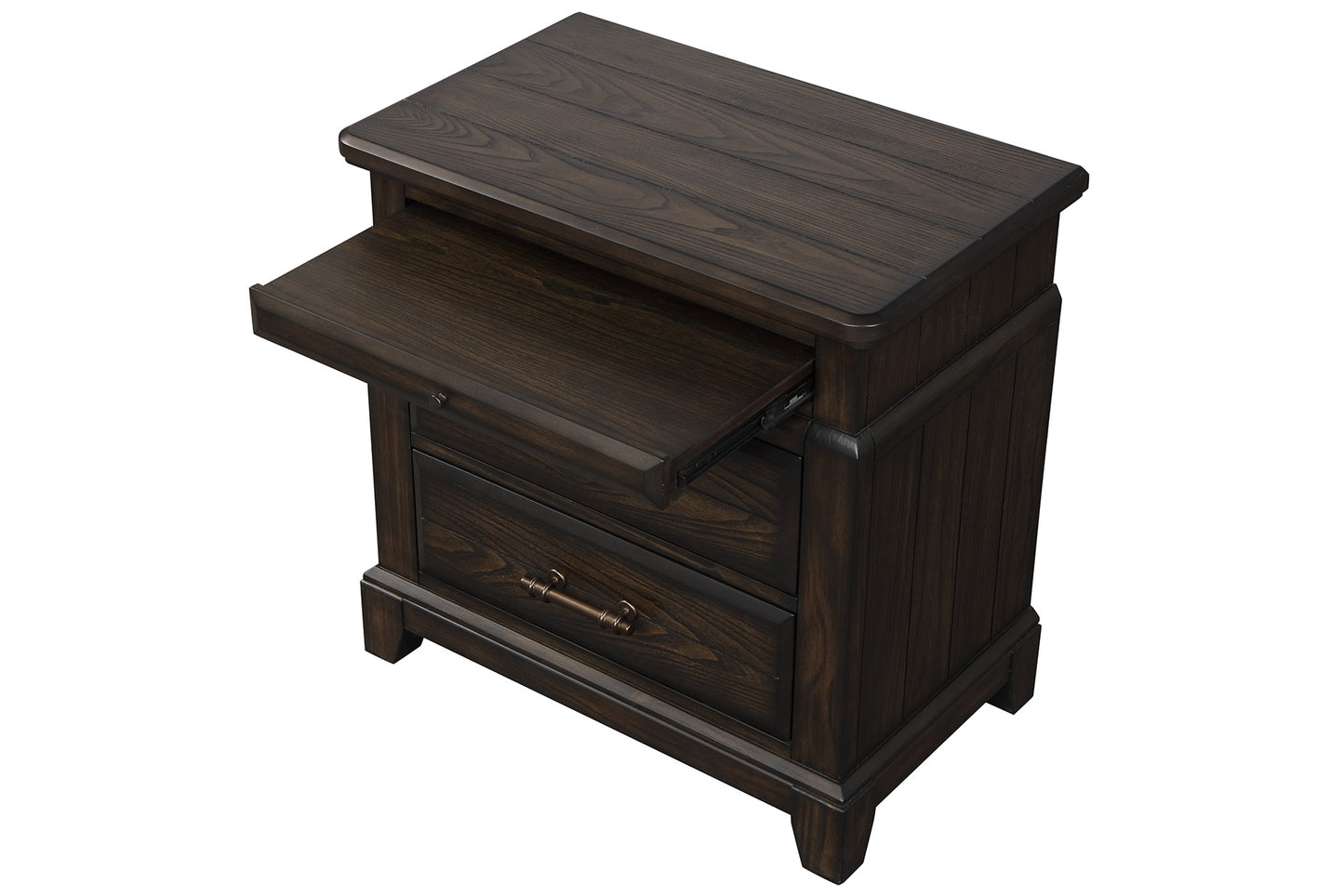 Dark wood nightstand with two drawers and a pullout tray