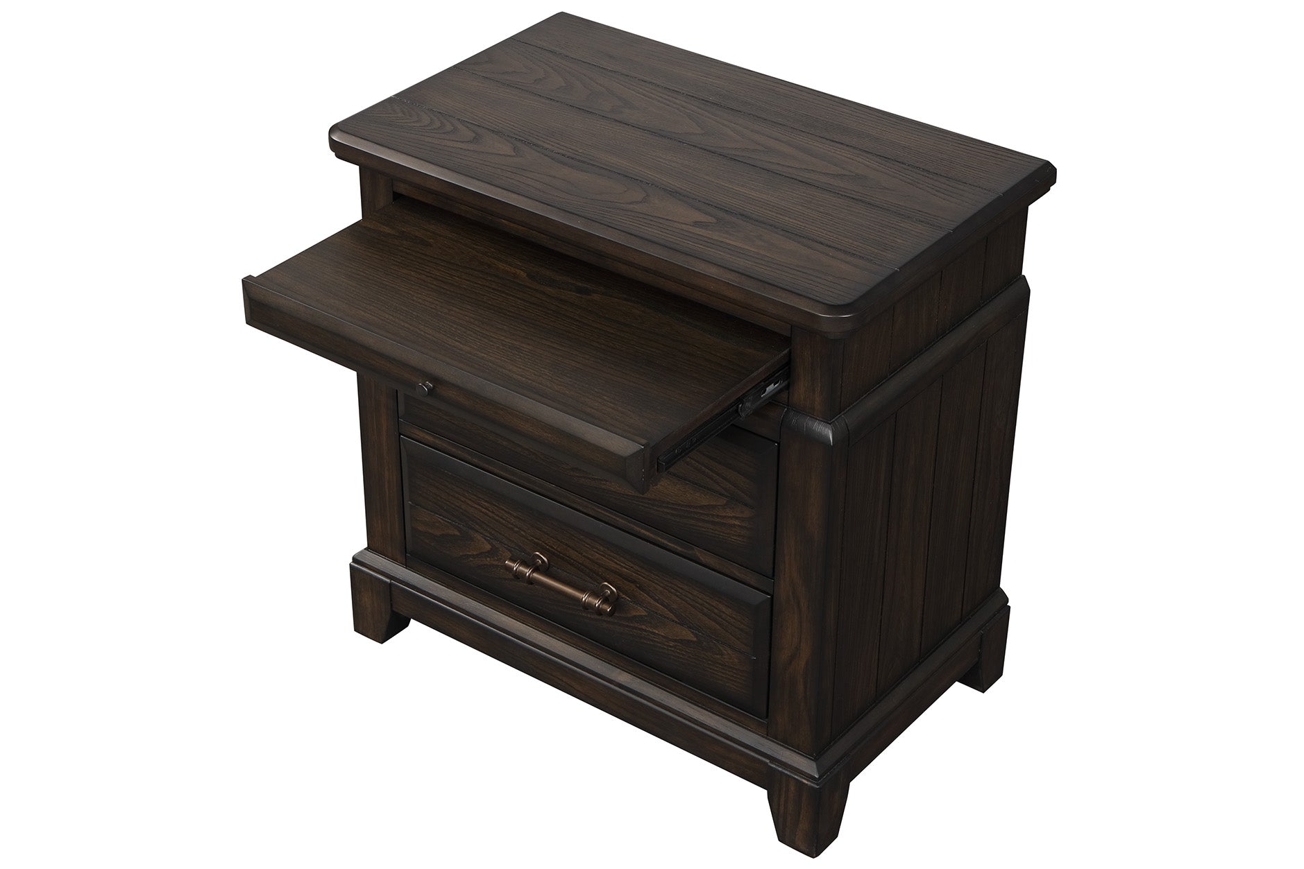Dark wood nightstand with two drawers and a pullout tray