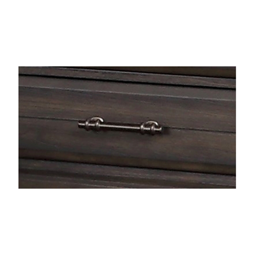 Distressed gray wood dresser drawer pull with a brushed nickel finish