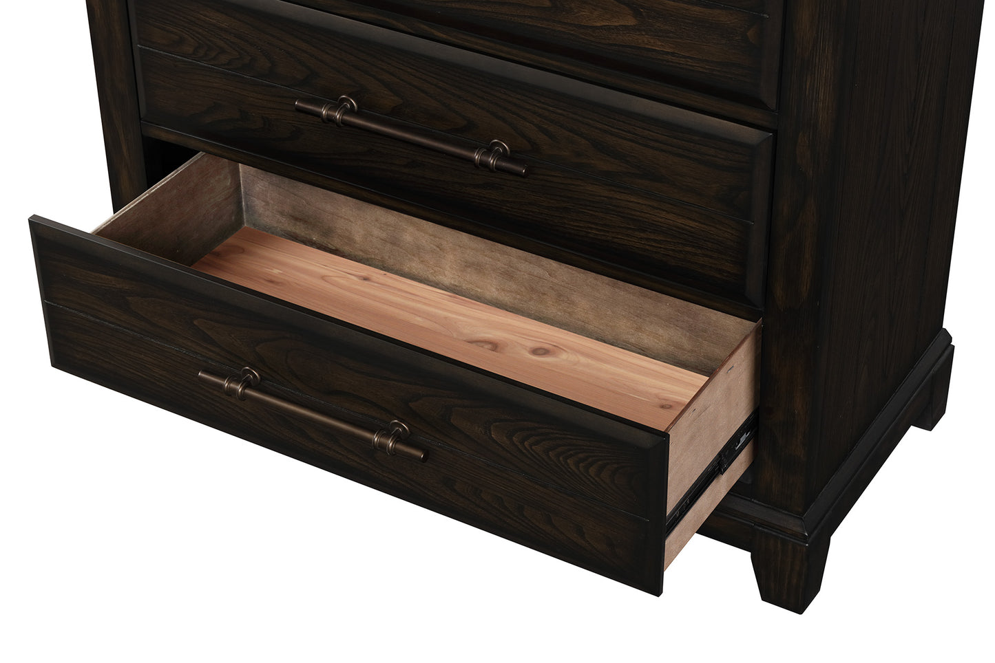 Dark wood dresser with brass hardware and one open drawer revealing cedar lining
