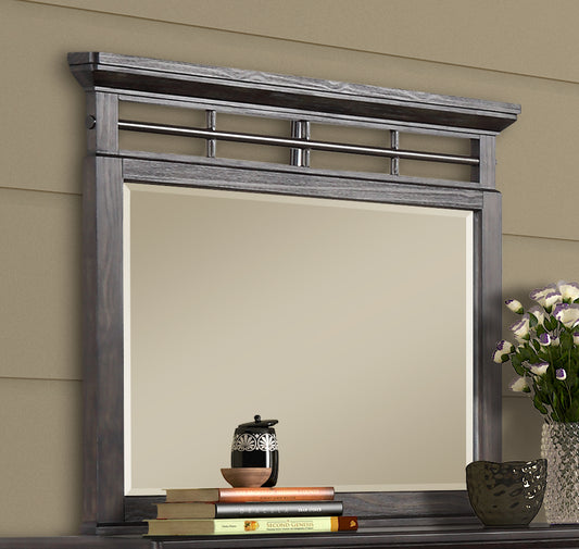 Dark gray wood dresser mirror with metallic accents and beveled glass