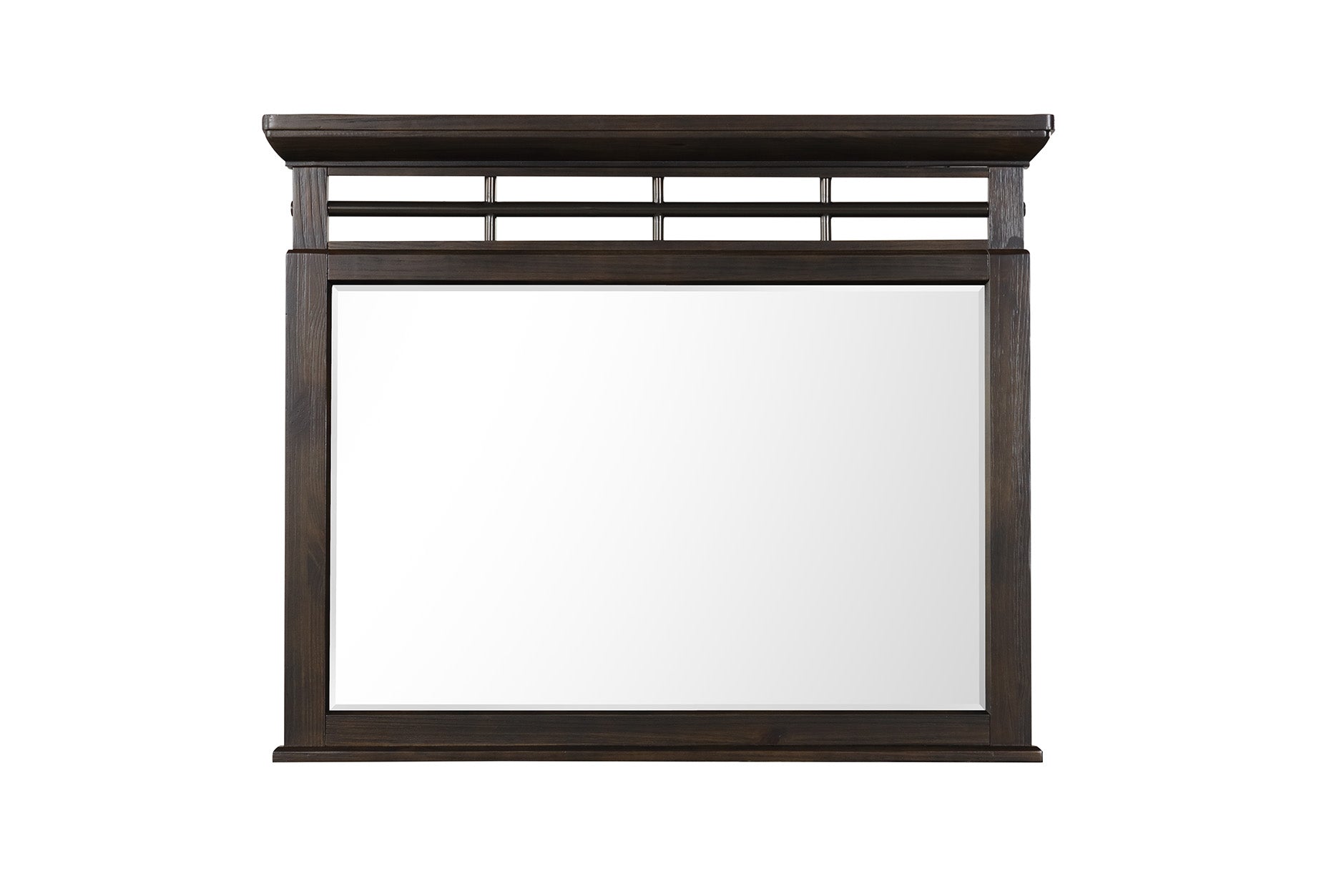 Dark wood accent mirror with decorative top lattice for modern living rooms
