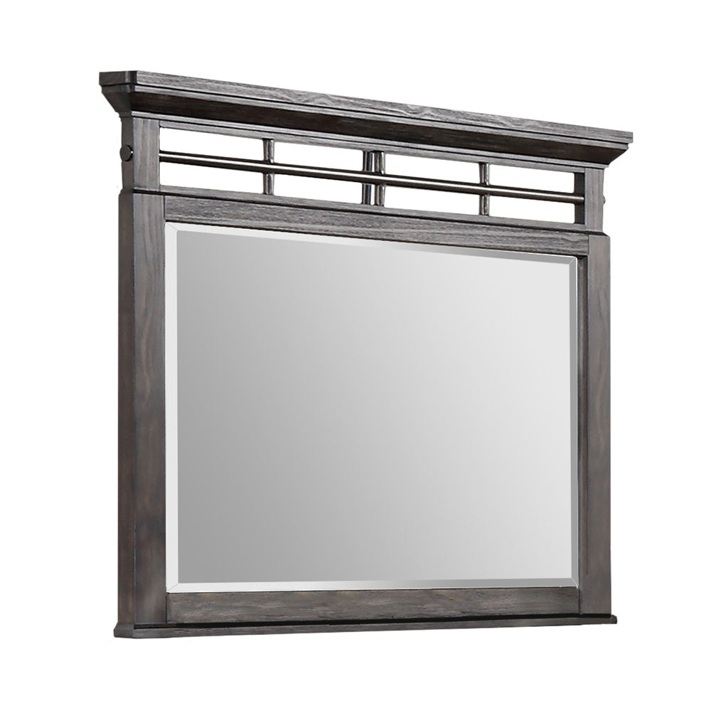 Dark wood dresser mirror with decorative horizontal bar accent and beveled glass