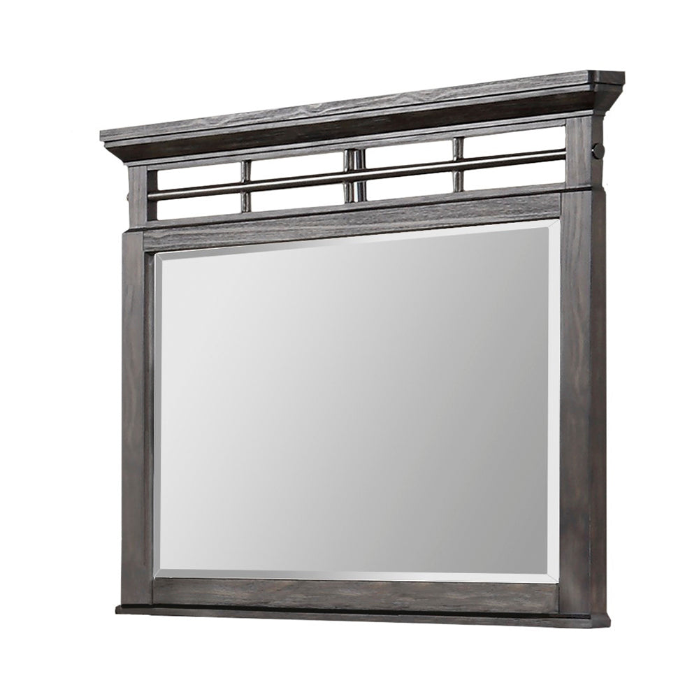 Dark gray wooden dresser mirror with a decorative top rail and beveled glass