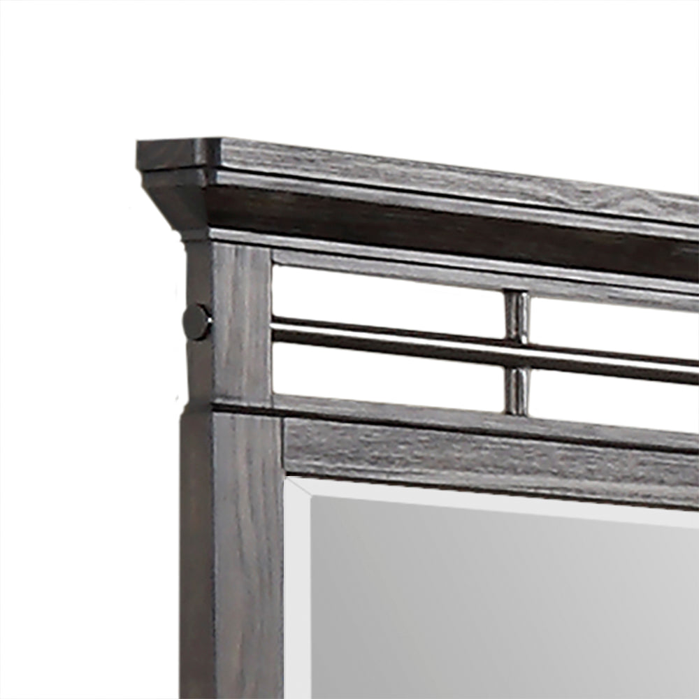 Dark wood headboard detail with horizontal slatted design