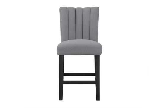 Grey upholstered channeltufted bar stool with black wooden legs