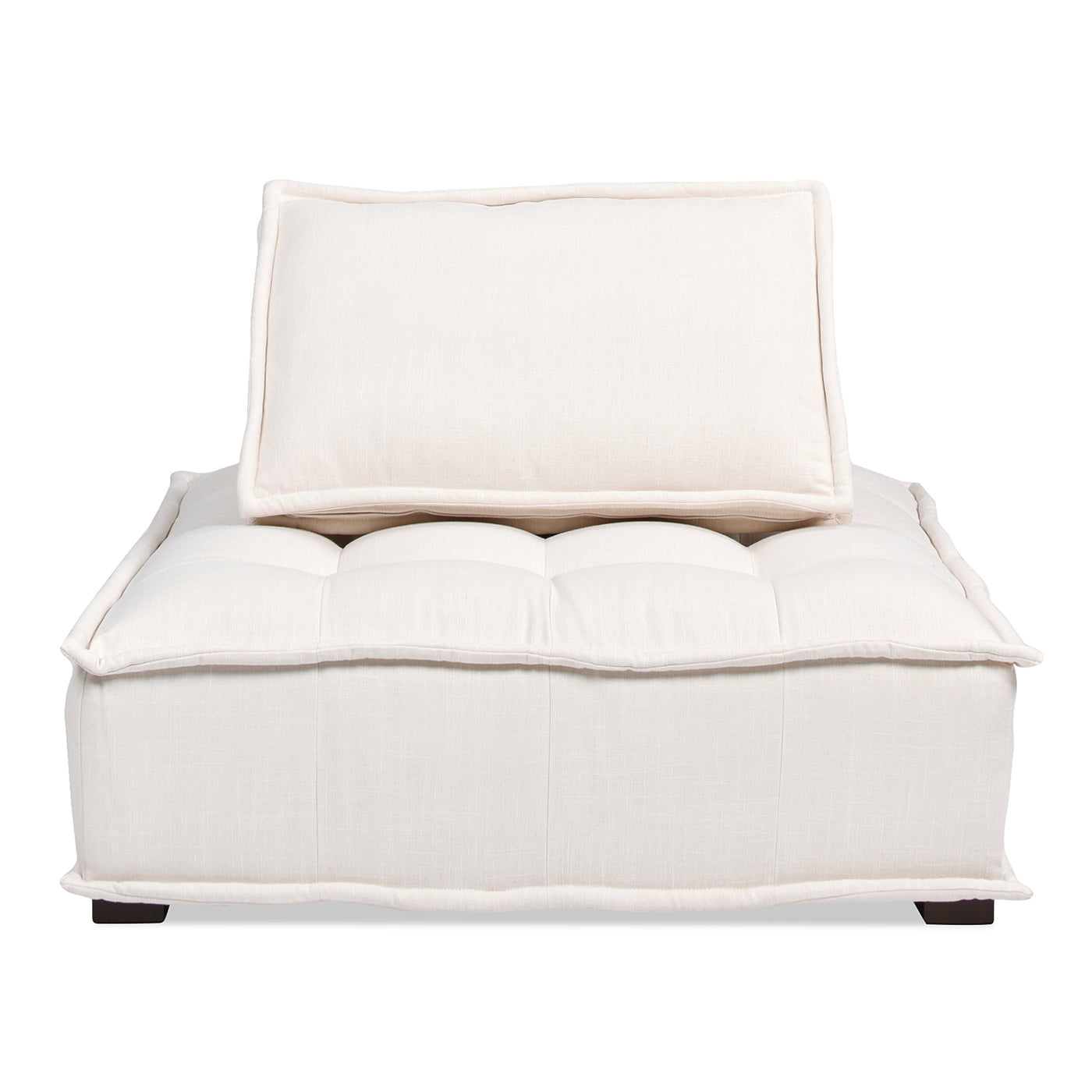 Cream linen tufted ottoman with a coordinating back cushion perfect for modern living rooms